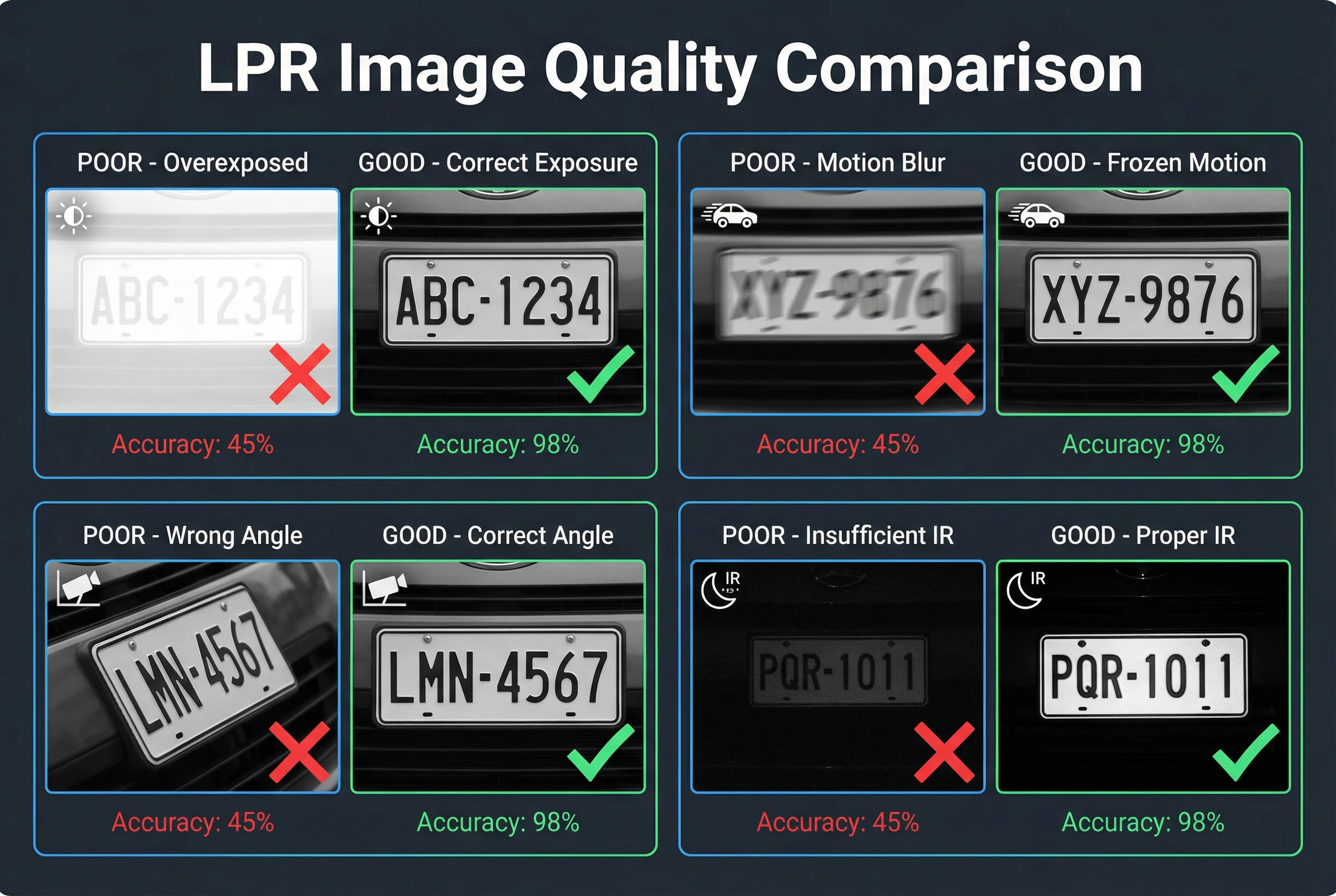 Figure 10.1: LPR plate image quality comparison — acceptable vs. unacceptable across exposure, focus, blur, angle, and resolution dimensions