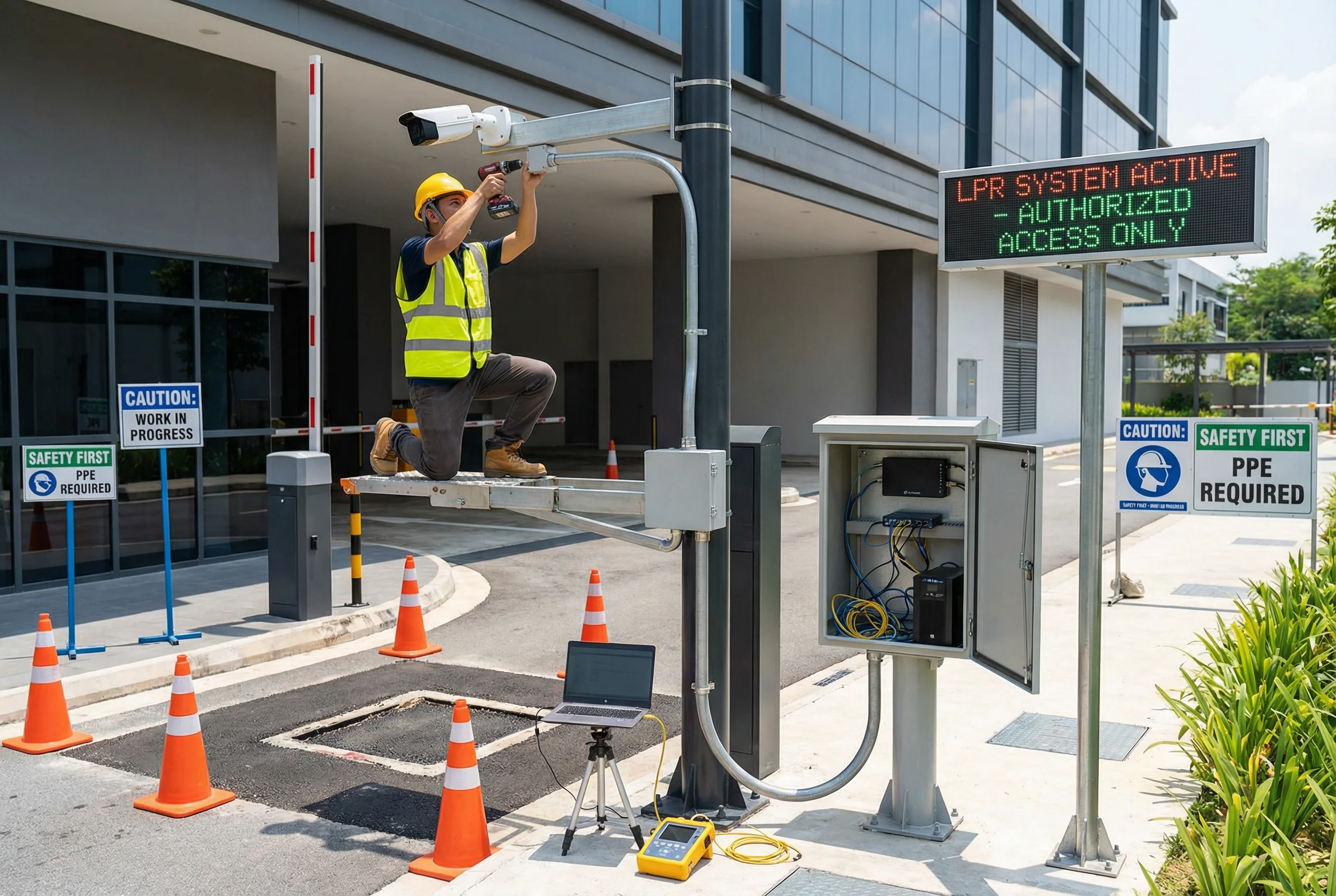 Figure 11.1: LPR/ANPR installation requirements — mounting geometry, cable management, environmental protection, and infrastructure requirements