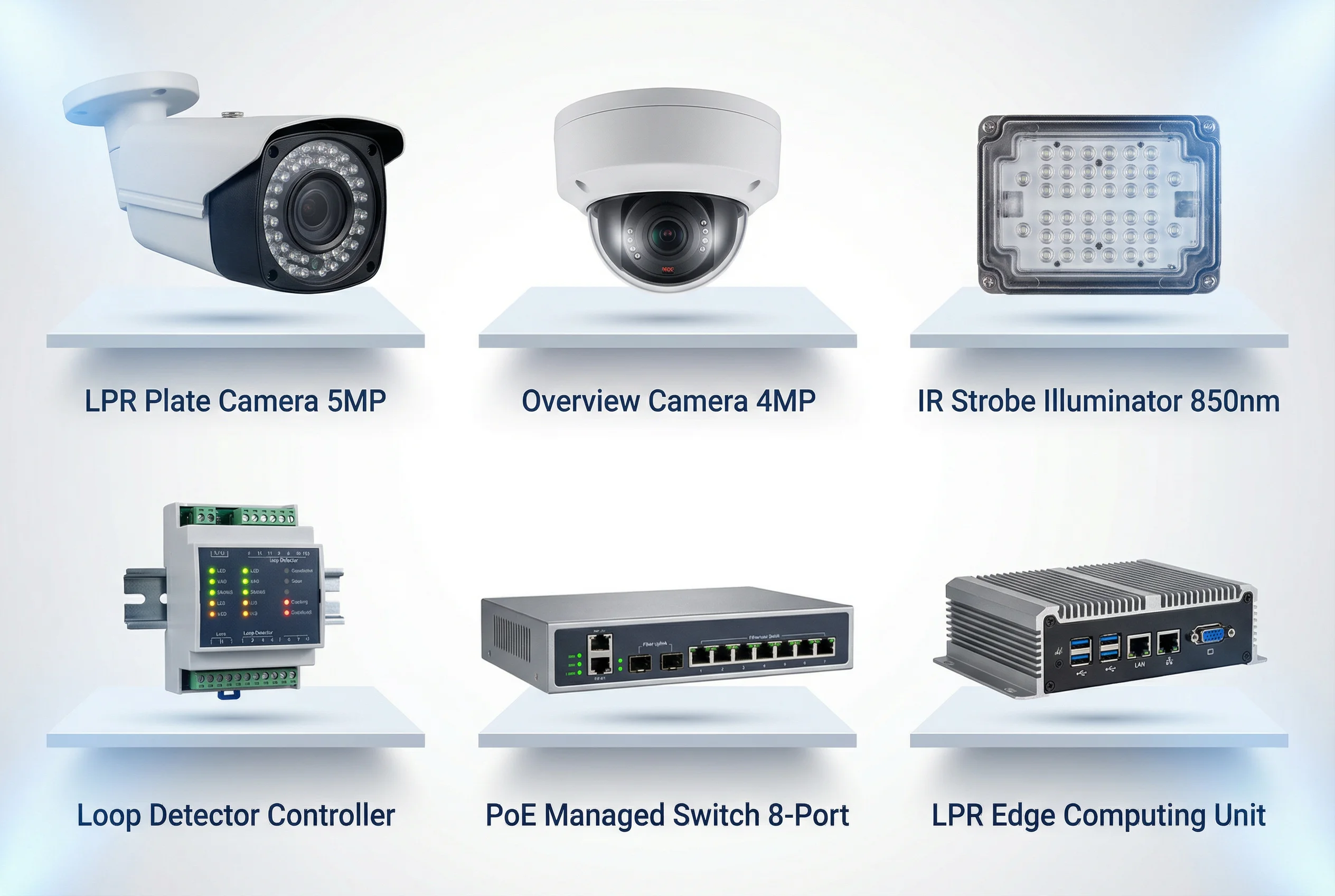 Figure 5.1: LPR/ANPR core product showcase — camera, illuminator, trigger, and edge compute categories
