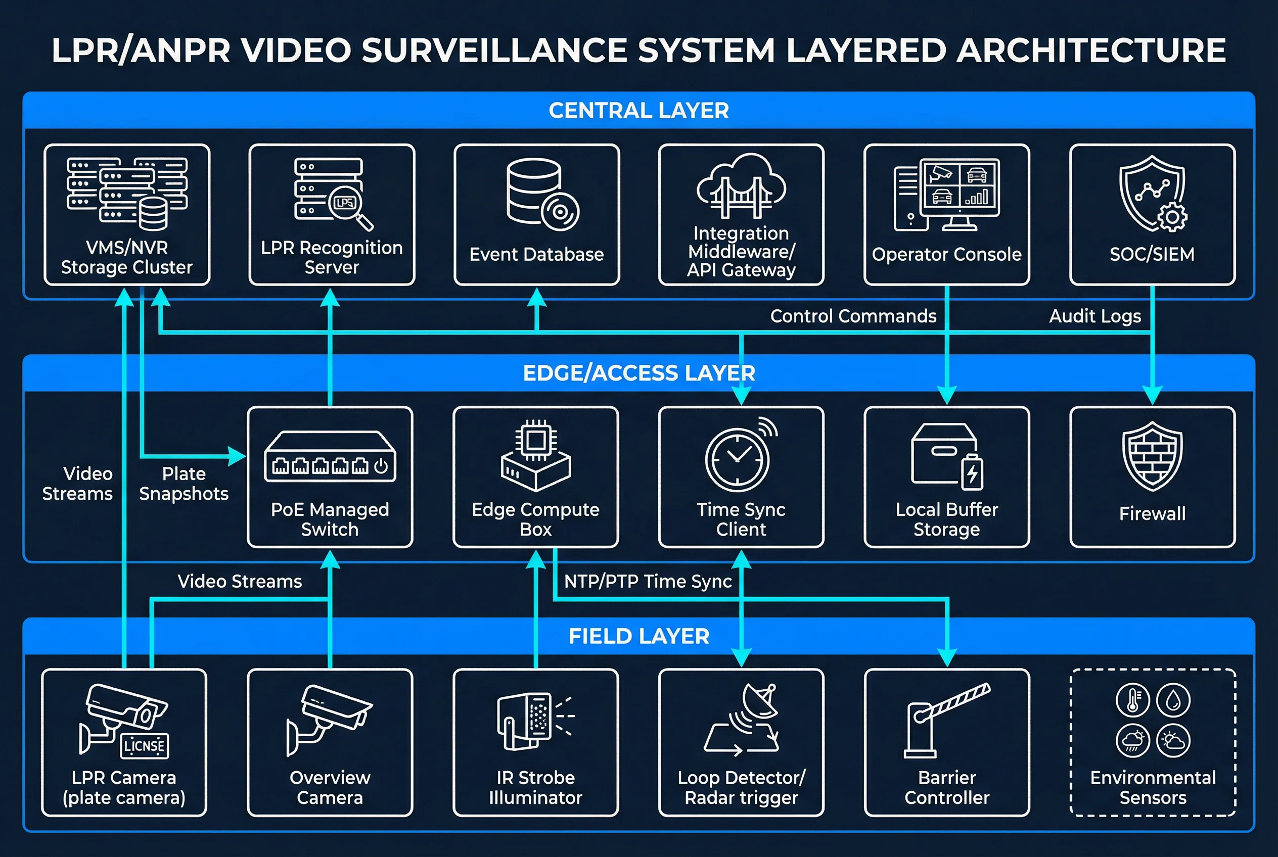 Figure 0.1: Overall LPR/ANPR system layered architecture — Field, Edge/Access, and Central layers with data flows