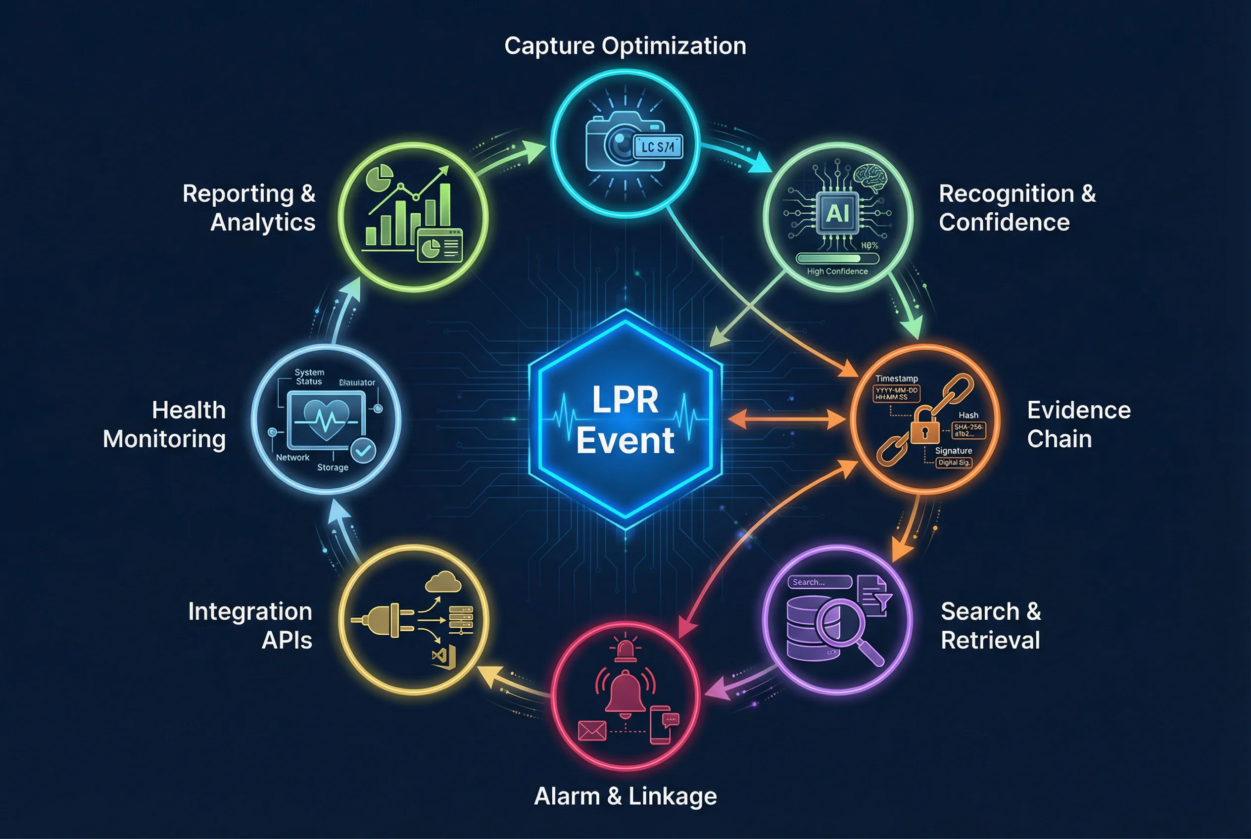 Figure 0.2: LPR system functional overview — eight core functional modules and their relationships